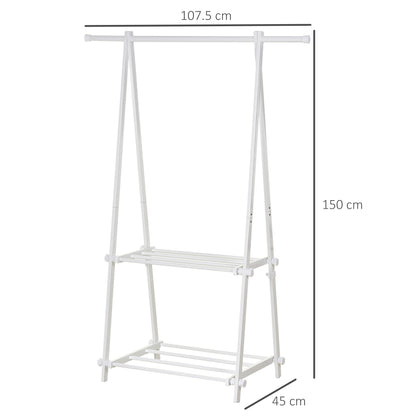 HOMCOM Minimalist Foldable Adjustable Clothes Rack Hanger w/ 2 shelves 107.5L x 45W x 150H cm Hallway Entryway Furniture - White 