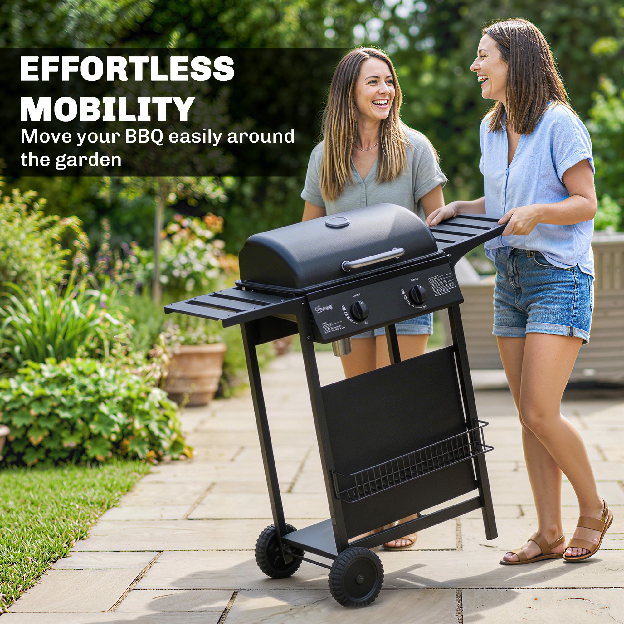 Outsunny Gas Burner Barbecue Grill, 2 Burner Gas Grill with Side Tables, Warming Rack, Shelf, Thermometer, Grease Tray, Black 