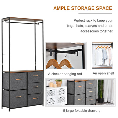 HOMCOM Chest of Drawers with Coat rack Steel Frame 5 Drawers  Bedroom Hallway Home Furniture Black Brown 