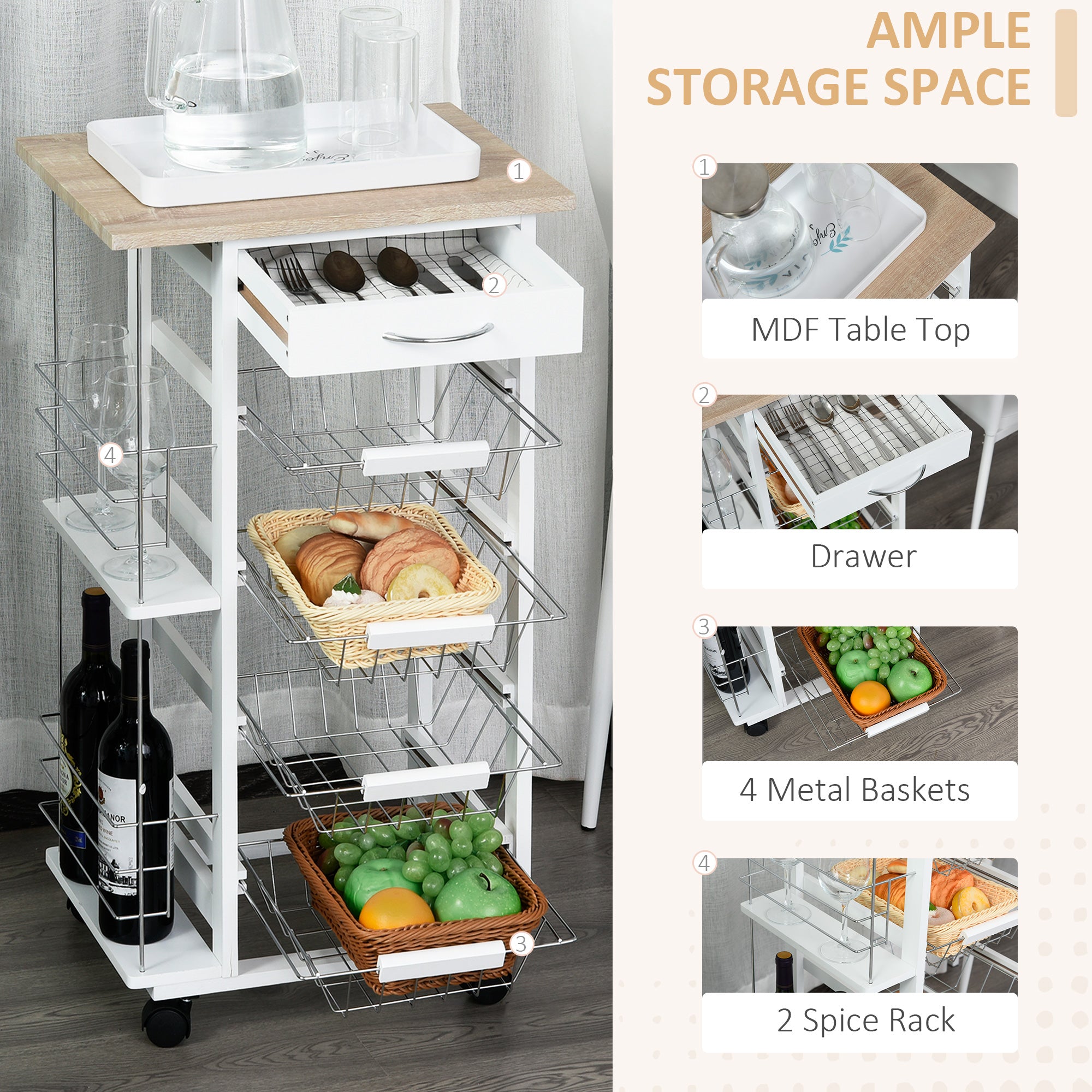 HOMCOM Rolling Kitchen Cart, Utility Storage Cart with 4 Basket Drawers & Side Racks, Wheels for Dining Room, Natural and White 