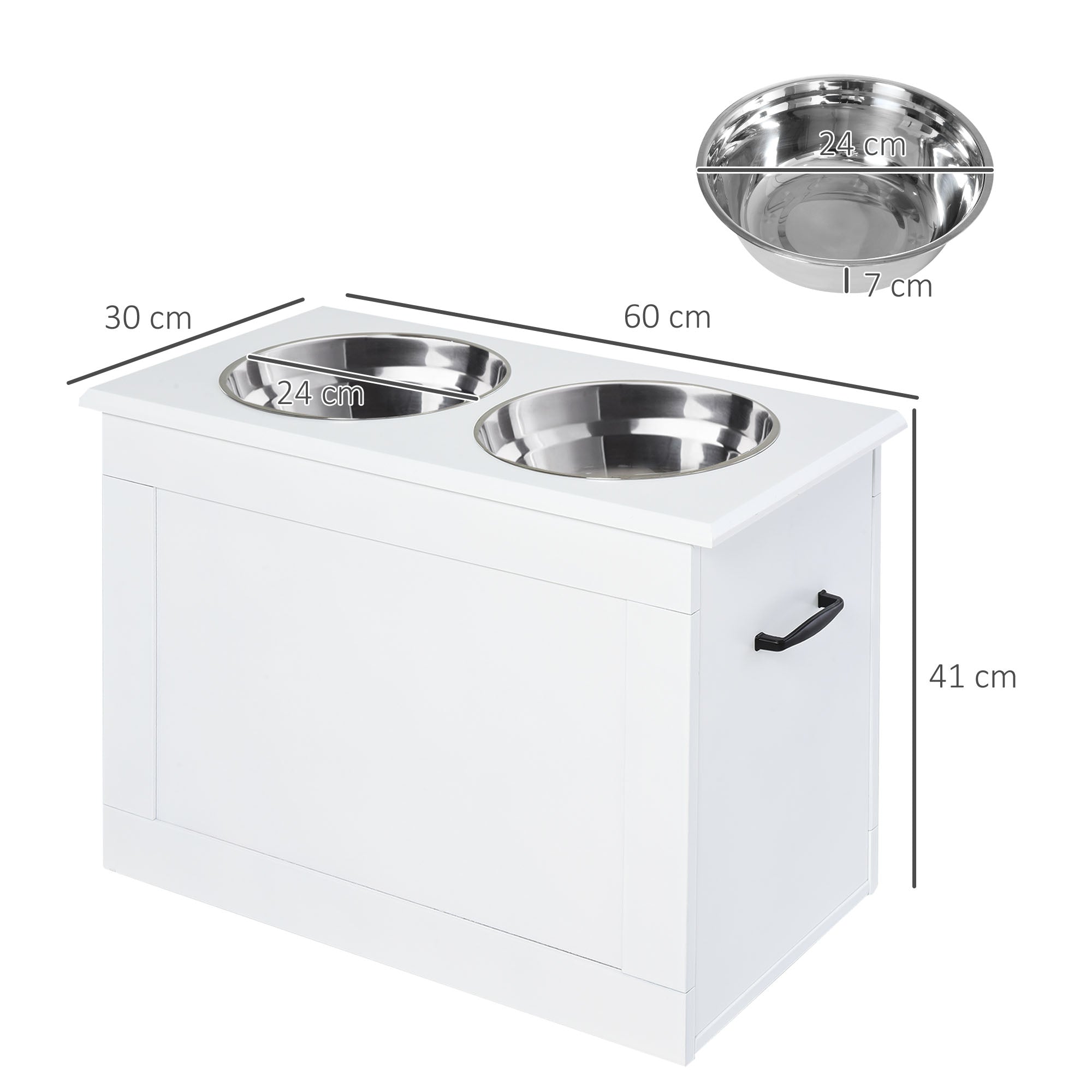 PawHut Raised Dog Bowls, with Storage, Two Stainless Steel Bowls, Elevated Base - White 