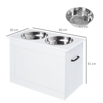 PawHut Raised Dog Bowls, with Storage, Two Stainless Steel Bowls, Elevated Base - White 