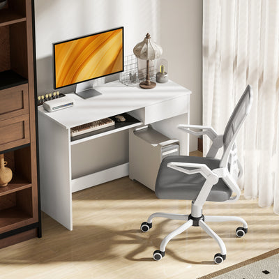 Vinsetto Home Office Chair and Computer Desk Set, Mesh Chair with with 90° Flip-up Armrest, Study Desk with Keyboard Tray and Drawer, White and Grey 