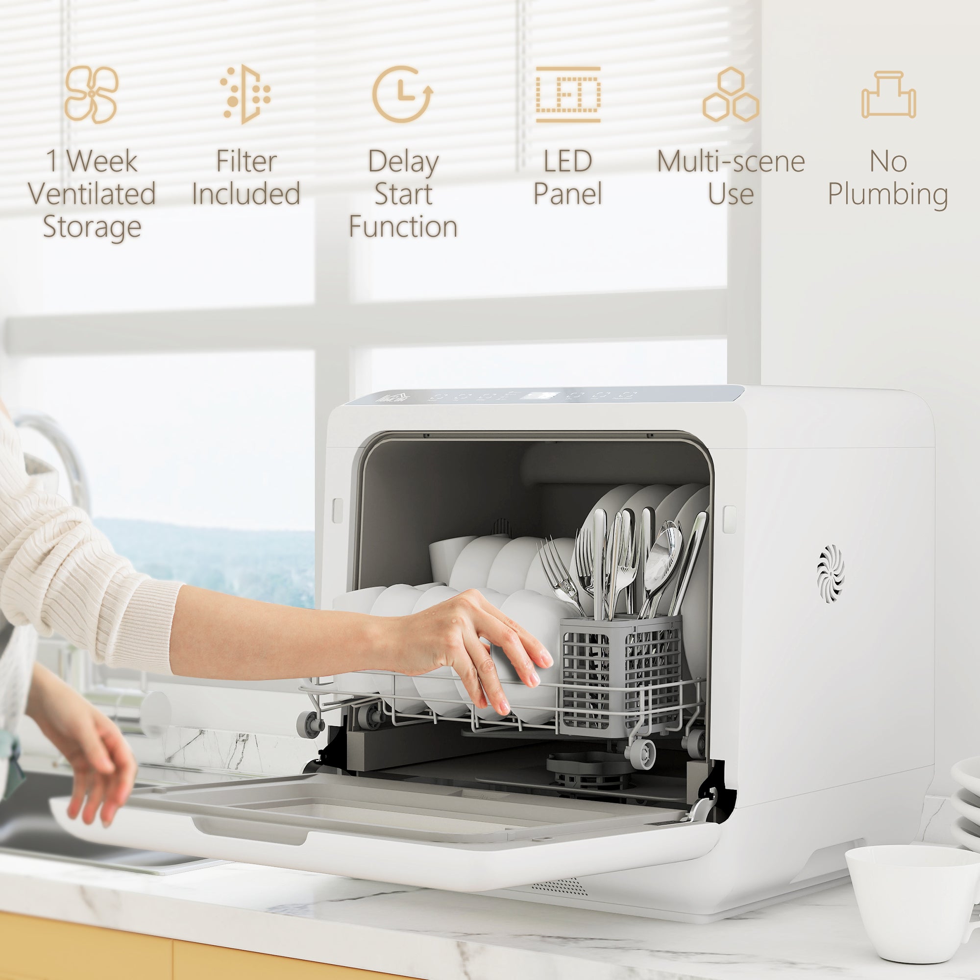 HOMCOM 6L Five-Mode Tabletop Dishwasher - White 