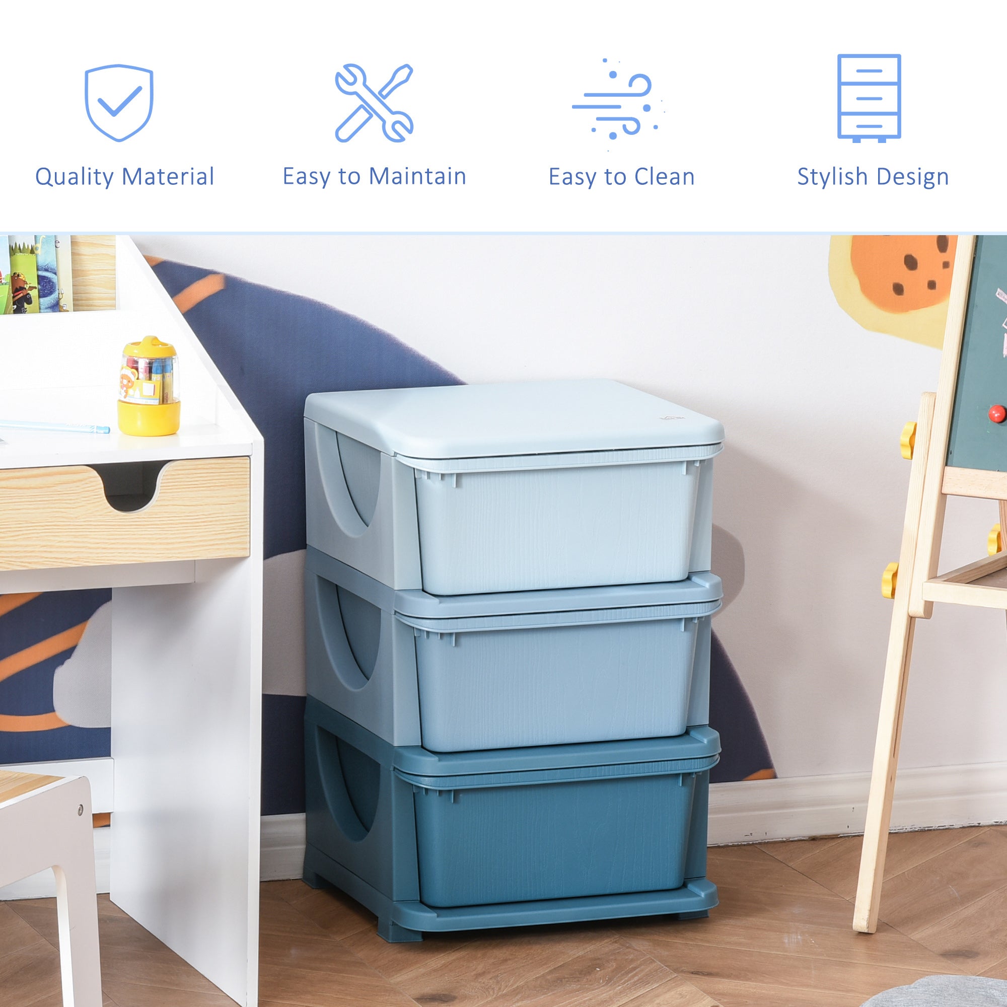 HOMCOM Kids Storage Units with 3 Drawers 3 Tier Chest Vertical Dresser Tower Toy Organizer for Nursery Playroom Kindergarten Blue 