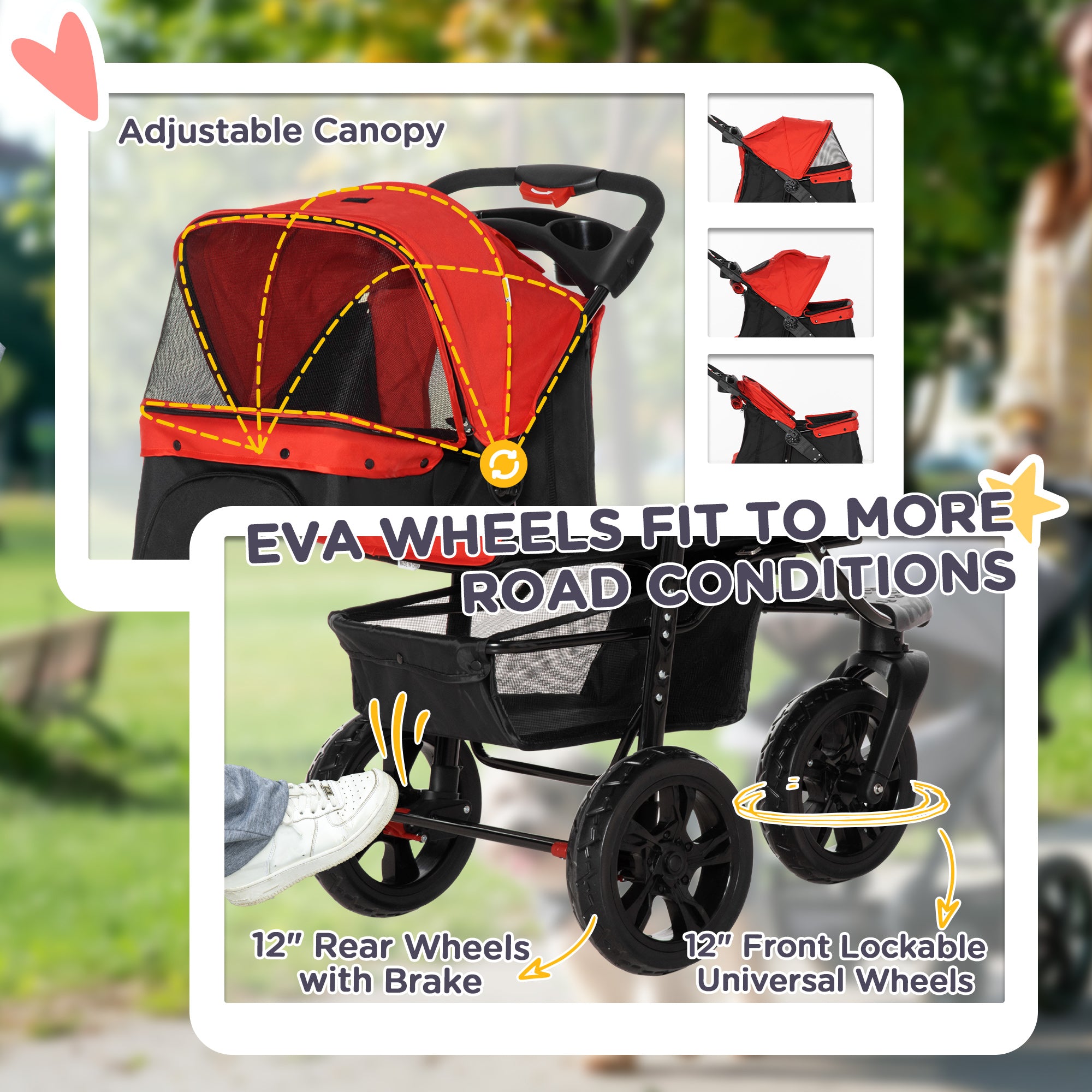 PawHut Dog Pram Dog Stroller Pet Stroller, 3 Wheels Dog Pushchair with Brake, for Small Miniature Dogs, Cats, Red 