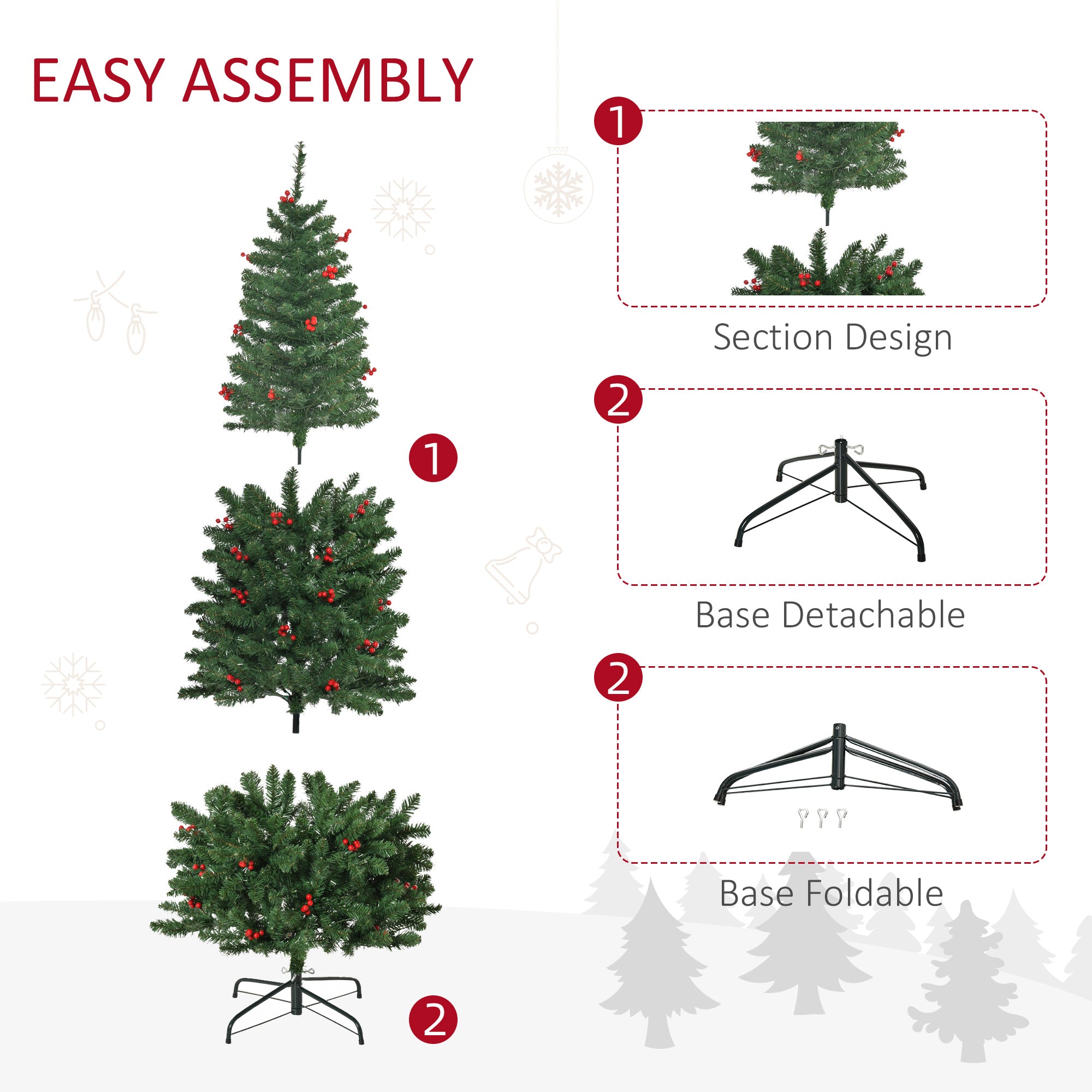 HOMCOM 6FT Prelit Artificial Pencil Christmas Tree with Warm White LED Light, Red Berry, Holiday Home Xmas Decoration, Green 
