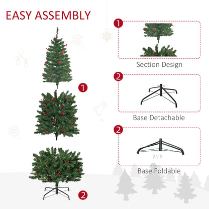 HOMCOM 6FT Prelit Artificial Pencil Christmas Tree with Warm White LED Light, Red Berry, Holiday Home Xmas Decoration, Green 