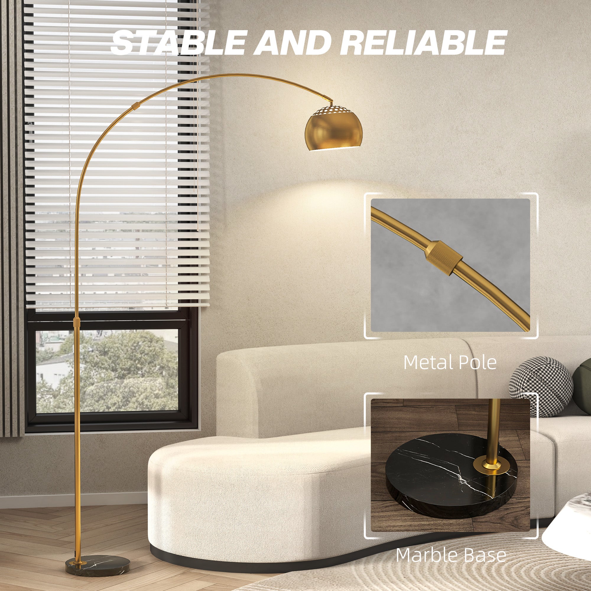 HOMCOM 180cm Arc Floor Lamp for Living Room, Home Offices, Bedrooms, Modern Standing Lamp with Foot Switch, Faux Black Marble Base and Bell Shade, Gold Tone