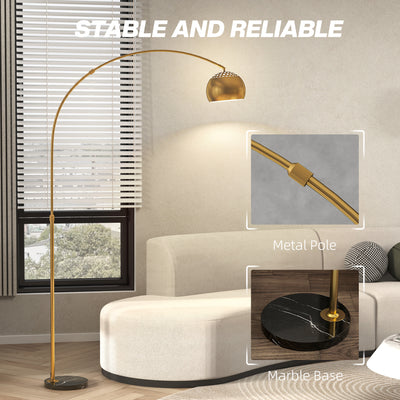 HOMCOM 180cm Arc Floor Lamp for Living Room, Home Offices, Bedrooms, Modern Standing Lamp with Foot Switch, Faux Black Marble Base and Bell Shade, Gold Tone 