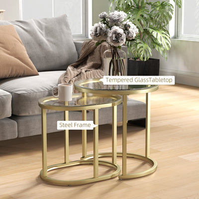 HOMCOM Modern Coffee Table Set of 2, Nest of Tables with Steel Frame and Tempered Glass Tabletop, Side Tables for Living Room Bedroom, Clear 