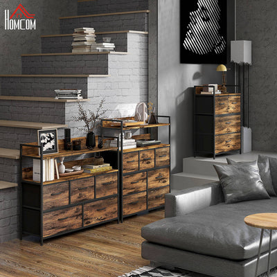 HOMCOM Rustic Chest of Four Fabric Drawers - Rustic Brown 