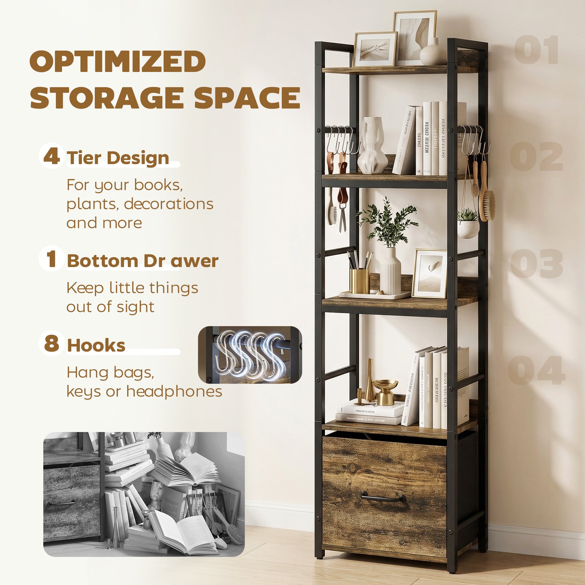 HOMCOM 4-Tier Bookshelf, Narrow Bookcase with Drawer, 8 Hooks, Metal Frame, Rustic Brown 
