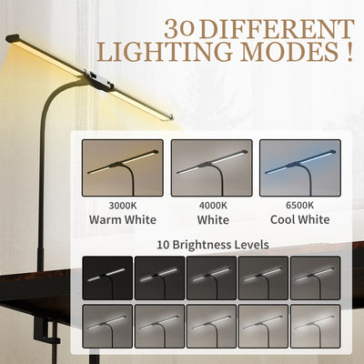HOMCOM LED Desk Lamp with Clamp, Double Head Table Lamp with 3 Colour Modes & 10 Brightness Levels, Flexible Gooseneck Reading Desk Light with Timer and Memory Function for Study, Office, Work, Black 