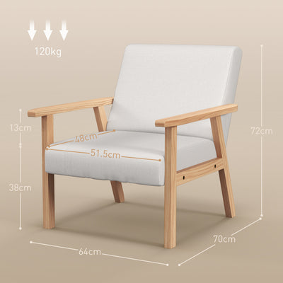 HOMCOM Accent Chair Wood Frame with Thick Linen Cushions Wide Seat Armchair Home Furniture Bedroom Office Cream White 