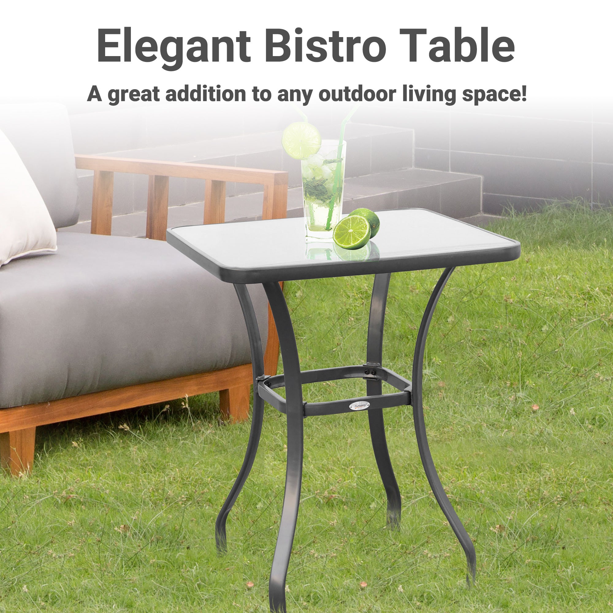 Outsunny Square Garden Table, Outdoor Coffee Table with Tempered Glass Top, Bar Bistro Dining Table, Metal Frame for Patio, Balcony, 68.5 x 68.5 x 84cm 