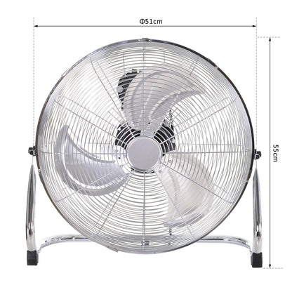 HOMCOM 20" Chrome Metal Floor Fan with Tilting, High Velocity, 3 Speed, Portable Gym Fan for Home Office, Silver 