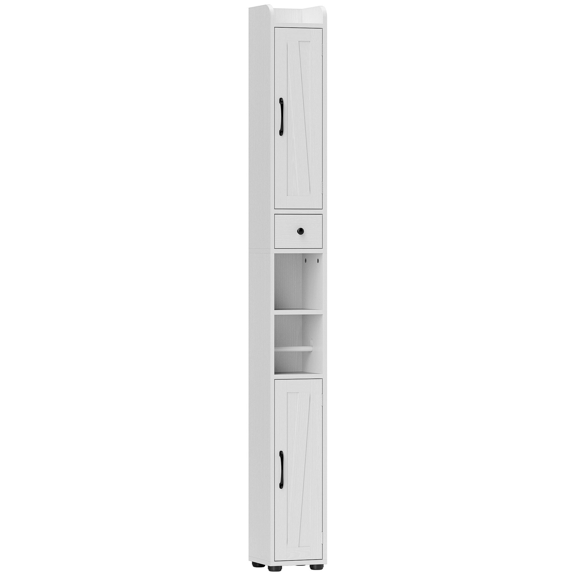 HOMCOM Tall Bathroom Cabinet, Farmhouse Slim Bathroom Storage Cabinet with Barn Doors, Toilet Paper Roll Holder, Drawer and Adjustable Shelves, Narrow Bathroom Storage Unit, 20 x 20 x 185cm, White 