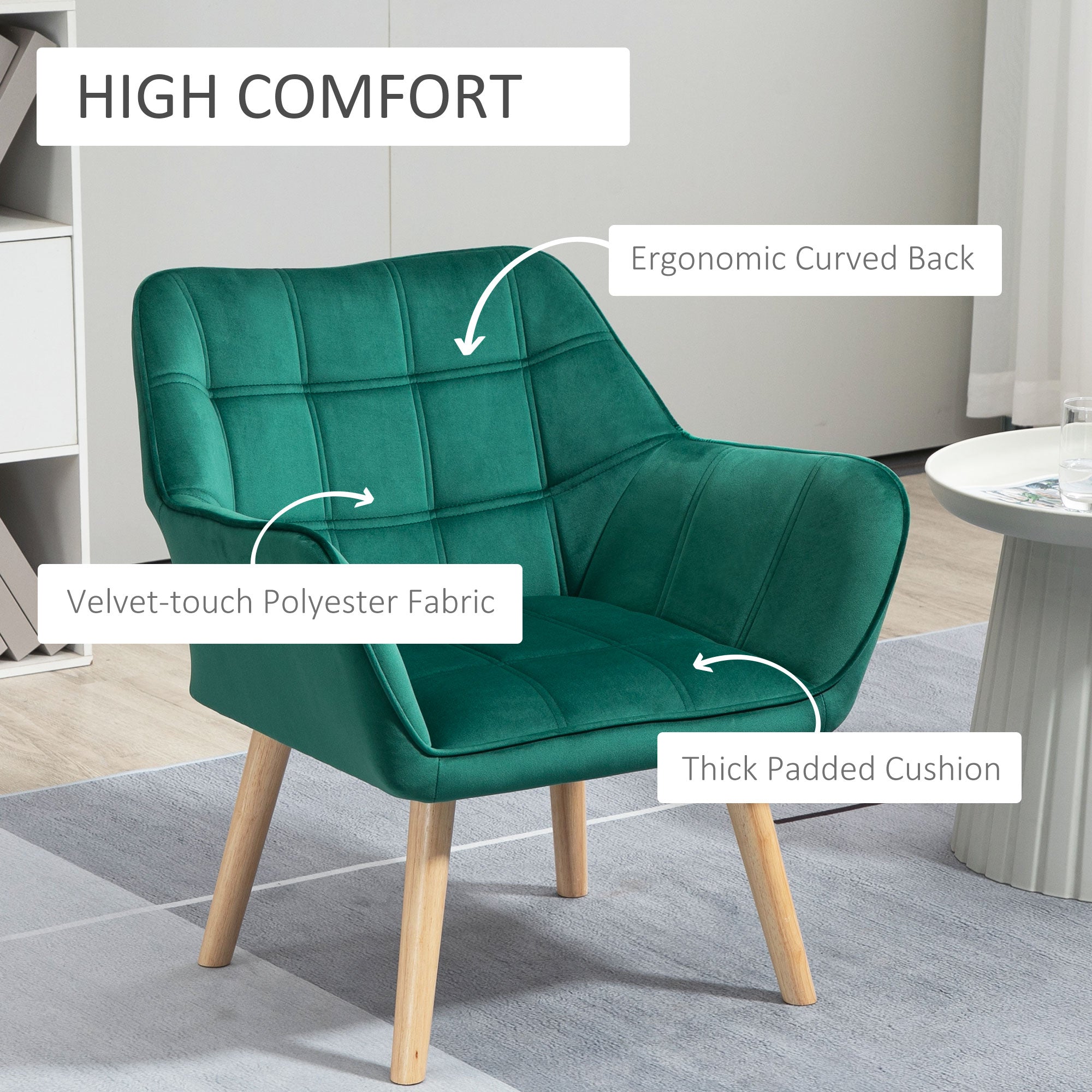 HOMCOM Armchair Accent Chair, Vanity Chair with Wide Arms, Slanted Back, Padding, Metal Frame, Wooden Legs, Home Bedroom Furniture Seating, Set of 2, Green 