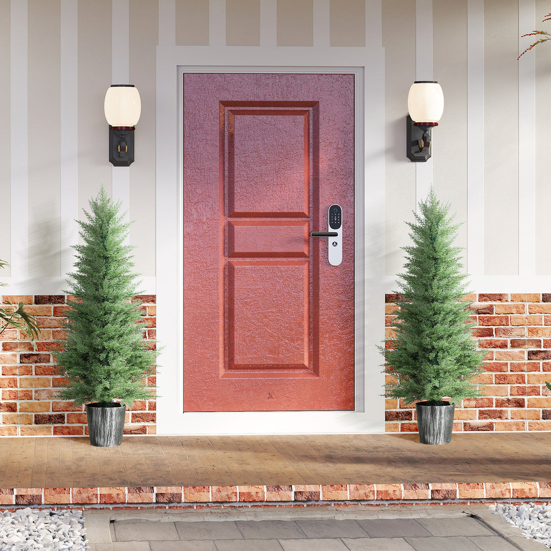 HOMCOM 135cm Artificial Cypress Trees Set of 2, UV Resistant Artificial Plants with Decorative Pot, Fake Plants for Indoor Outdoor Decor, Green 