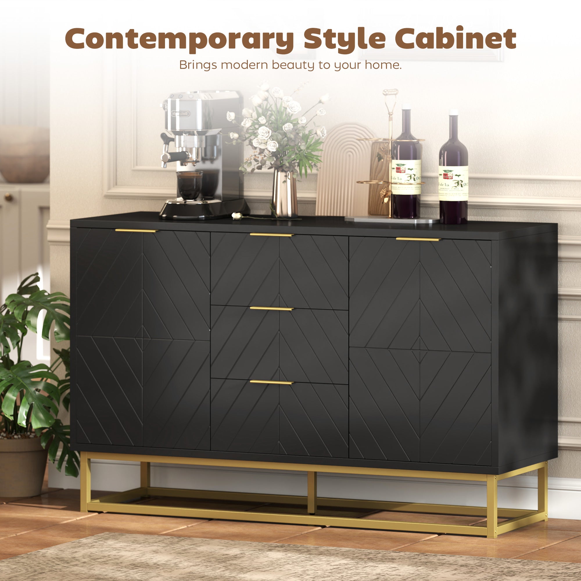 HOMCOM Sideboard with 3 Drawers and Adjustable Shelves for Living Room - Black 