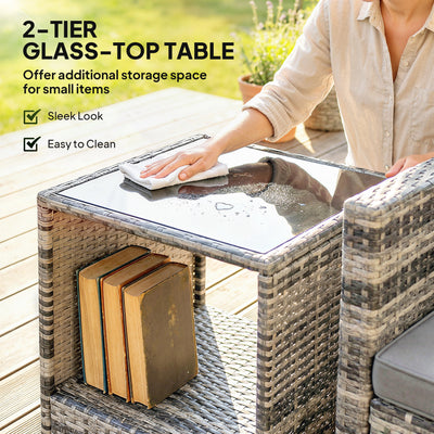 Outsunny Rattan Bistro Set, 3 Piece Garden Furniture Set with 2 Tier Glass Top Table and Cushions, Mixed Grey 