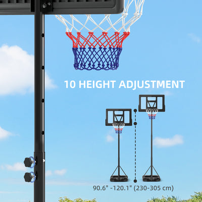 SPORTNOW Basketball Hoop Outdoor, Basketball Hoop and Stand with 10-Level Adjustable Height, Weighted Base, Portable on Wheels, 2.3-3.05m, for Teens, Juniors, Adults 