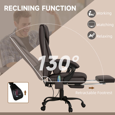 Vinsetto 6-Point Massage Office Chair, PU Leather Desk Chair with Adjustable Height and Footrest for Home Office, Brown 