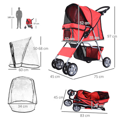 PawHut Dog Stroller with Rain Cover for Small Miniature Dogs, Folding Pet Pram with Cup Holder, Storage Basket, Reflective Strips, Red 