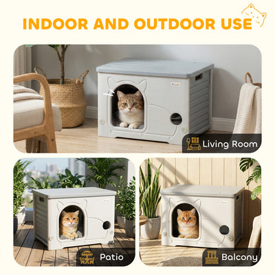 PawHut Cat House Stackable Pet Shelter with Removable Cushion for Indoor Outdoor Use Grey 