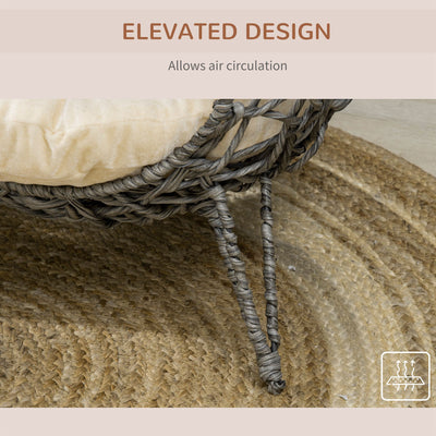 PawHut Rattan Elevated Cat Bed House Kitten Basket Ball Shaped Pet Furniture w/ Removable Cushion - Silver-Tone and Grey 