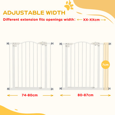 PawHut Metal 74-87cm Adjustable Pet Gate Safety Barrier w/ Auto-Close Door White 