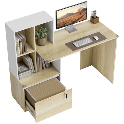 HOMCOM Computer Desk, Office Desk with Bookshelf, File Drawer and Legal Hanging File Holders, Oak Wood Effect