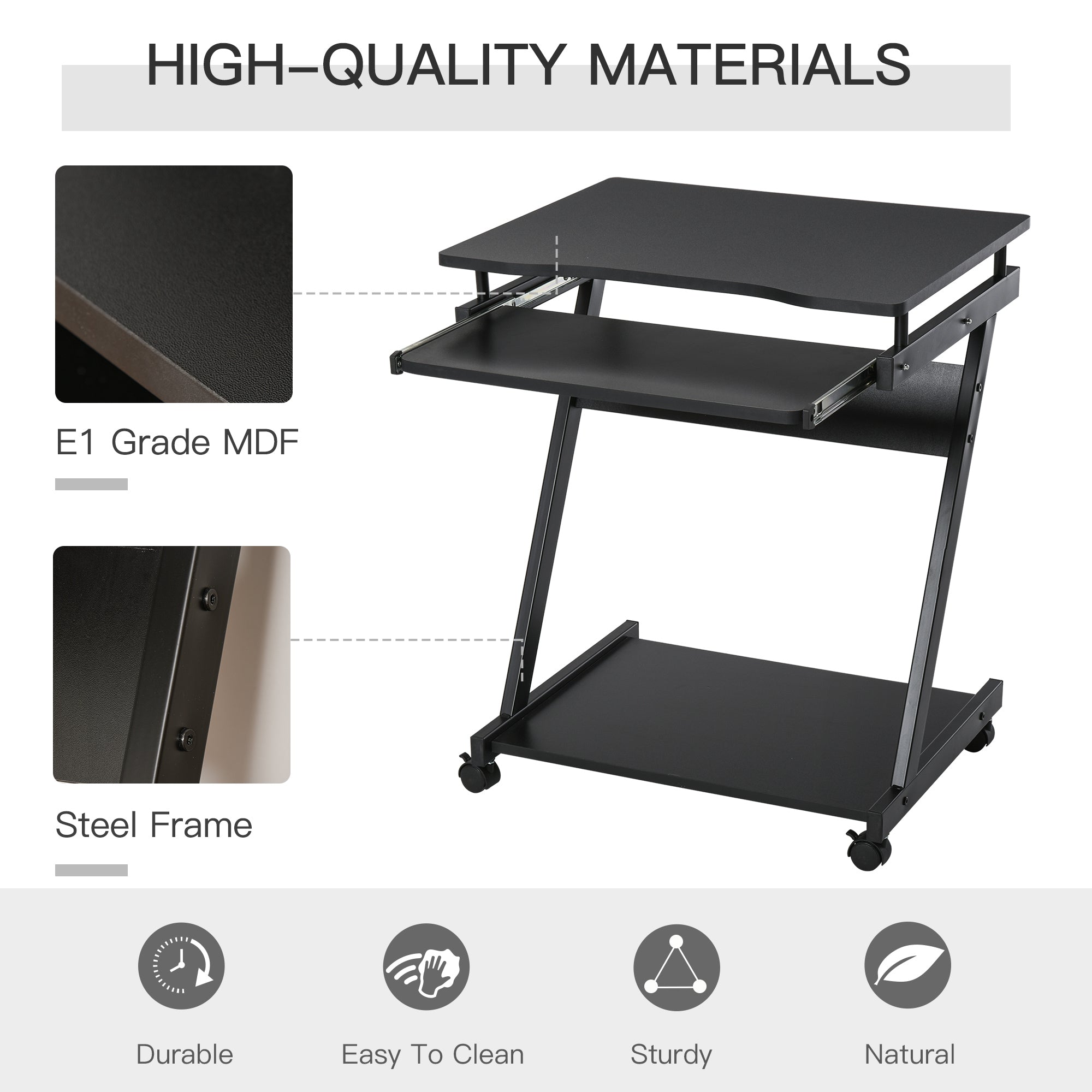 HOMCOM Movable Computer Desk with 4 Moving Wheels Sliding Keyboard Tray Home Office Workstation Black 