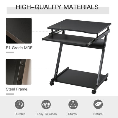 HOMCOM Movable Computer Desk with 4 Moving Wheels Sliding Keyboard Tray Home Office Workstation Black 