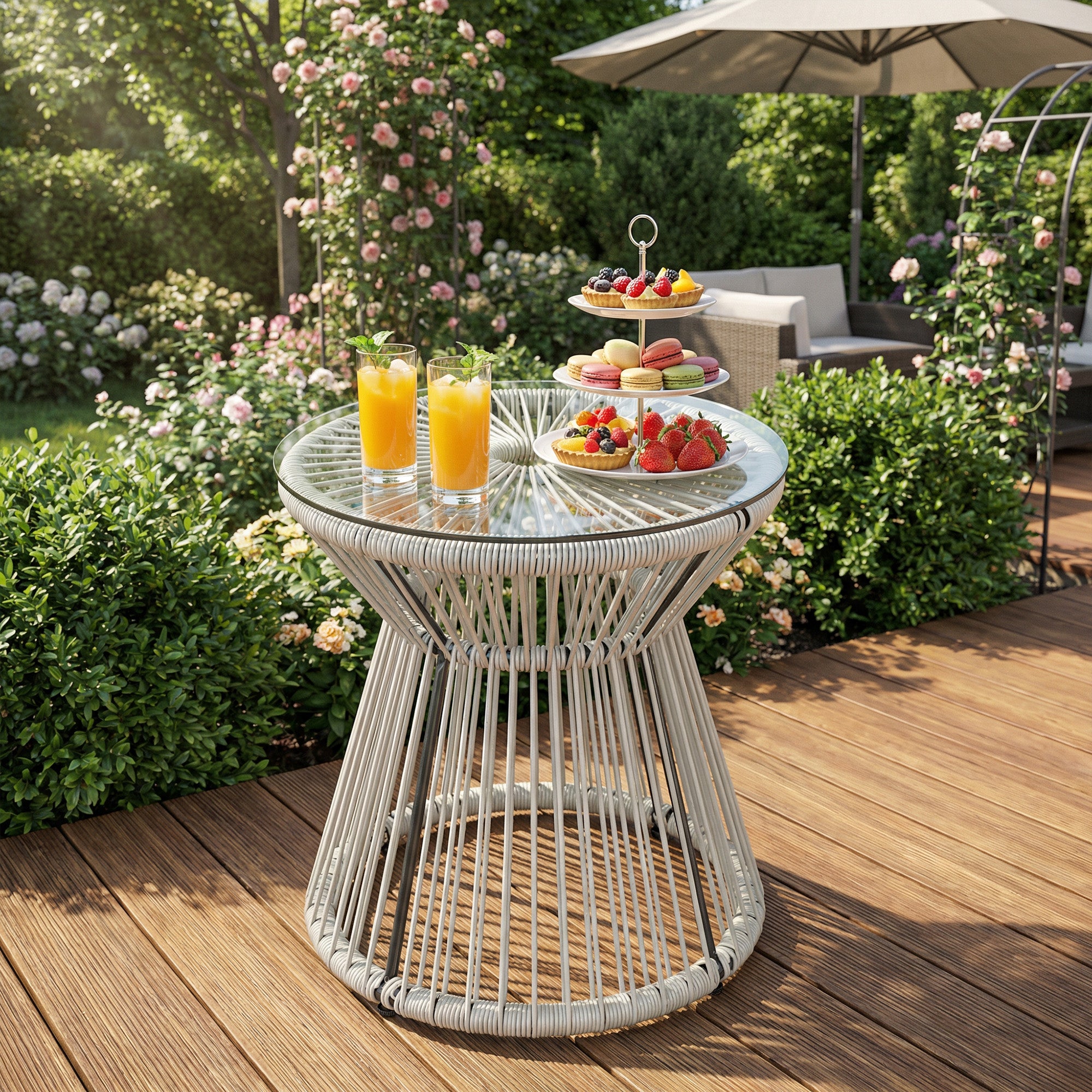 Outsunny Rattan Outdoor Coffee Table, PE Rattan Wicker Bistro Side Table with Tempered Glass Top, Light Grey 