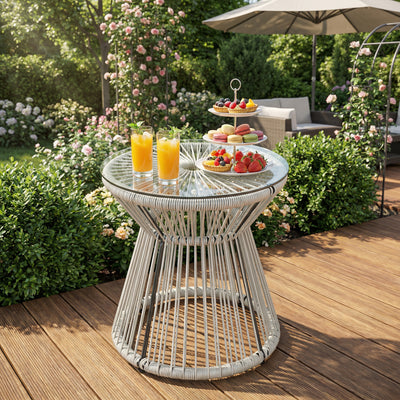 Outsunny Rattan Outdoor Coffee Table, PE Rattan Wicker Bistro Side Table with Tempered Glass Top, Light Grey 