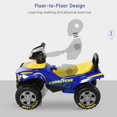 HOMCOM Baby Quad Bike Kids Ride On Car Goodyear Licensed Walker Foot To Floor Slider NO POWER w/ Lights Horn Storage Blue for 18-36 Months 