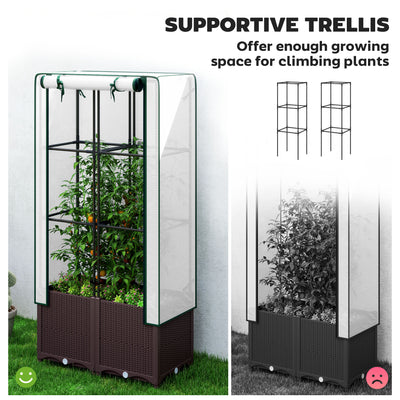 Outsunny Raised Garden Bed with Trellis, Plastic Planter Box with Drainage Holes and Drain Plugs for Climbing Plants, Vegetables, Flowers, 80 x 40 x 140 cm 