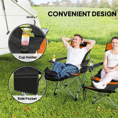 Outsunny Set of 2 Reclining Folding Camping Chair w/ Detachable Footrest, Storage Bag, Cup Holder & Headrest, Lightweight Portable Camp Chair for Beach, Picnic, Orange and Black 