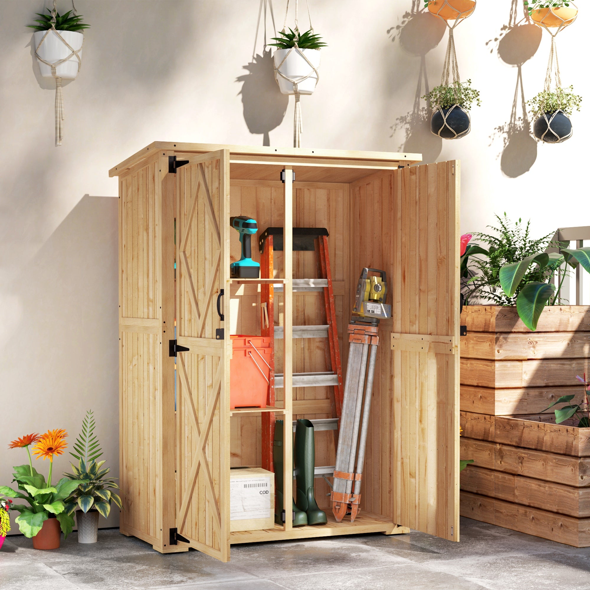 Outsunny Wooden Garden Storage Shed, Tool Storage Cabinet with Asphalt Roof and 2 Shelves for Garden Tools, Equipment, Outdoor Tool Shed with Double Doors, Natural 
