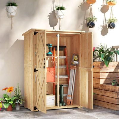 Outsunny Wooden Garden Storage Shed, Tool Storage Cabinet with Asphalt Roof and 2 Shelves for Garden Tools, Equipment, Outdoor Tool Shed with Double Doors, Natural 