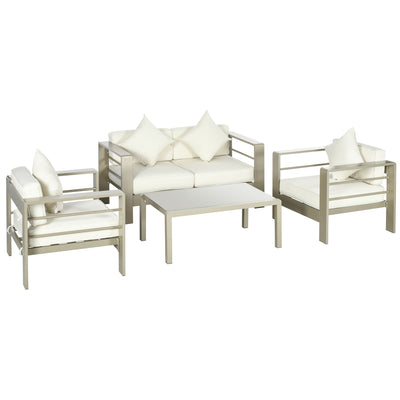 Outsunny 4 Pieces Outdoor Garden Furniture Set, Aluminium Frame Backyard Furniture w/ Thick Padded Cushioned Loveseat, 2 Chairs, and Glass Top Table, Champagne Gold 
