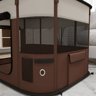 PawHut Foldable Dog Pen with Storage Bag for Indoor/Outdoor Use, Portable Pet playpen, with Ground Stakes - Brown 
