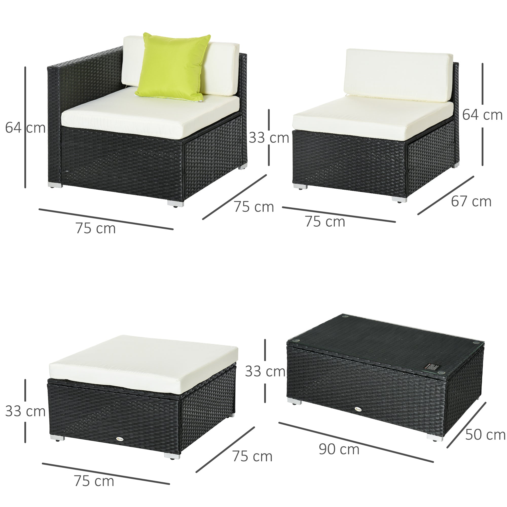 Outsunny 4-Seater Rattan Sofa Set Set Garden Outdoor Sectional Sofa Coffee Table Metal Frame w/Cushion Pillows-Black 