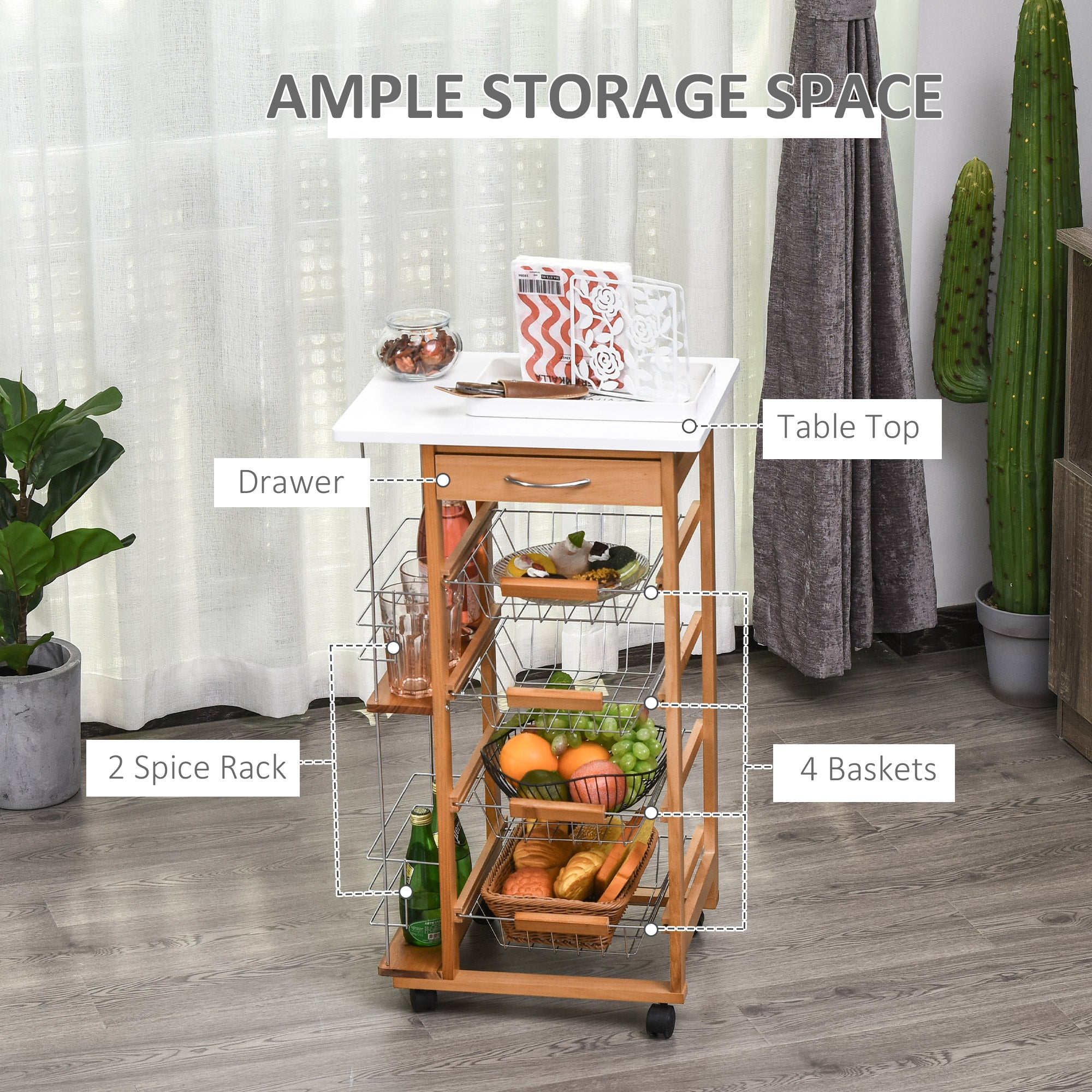 HOMCOM Rolling Kitchen Cart, Utility Storage Cart with 4 Basket Drawers & Side Racks, Wheels for Dining Room, Brown 