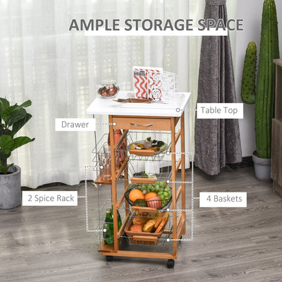 HOMCOM Rolling Kitchen Cart, Utility Storage Cart with 4 Basket Drawers & Side Racks, Wheels for Dining Room, Brown 