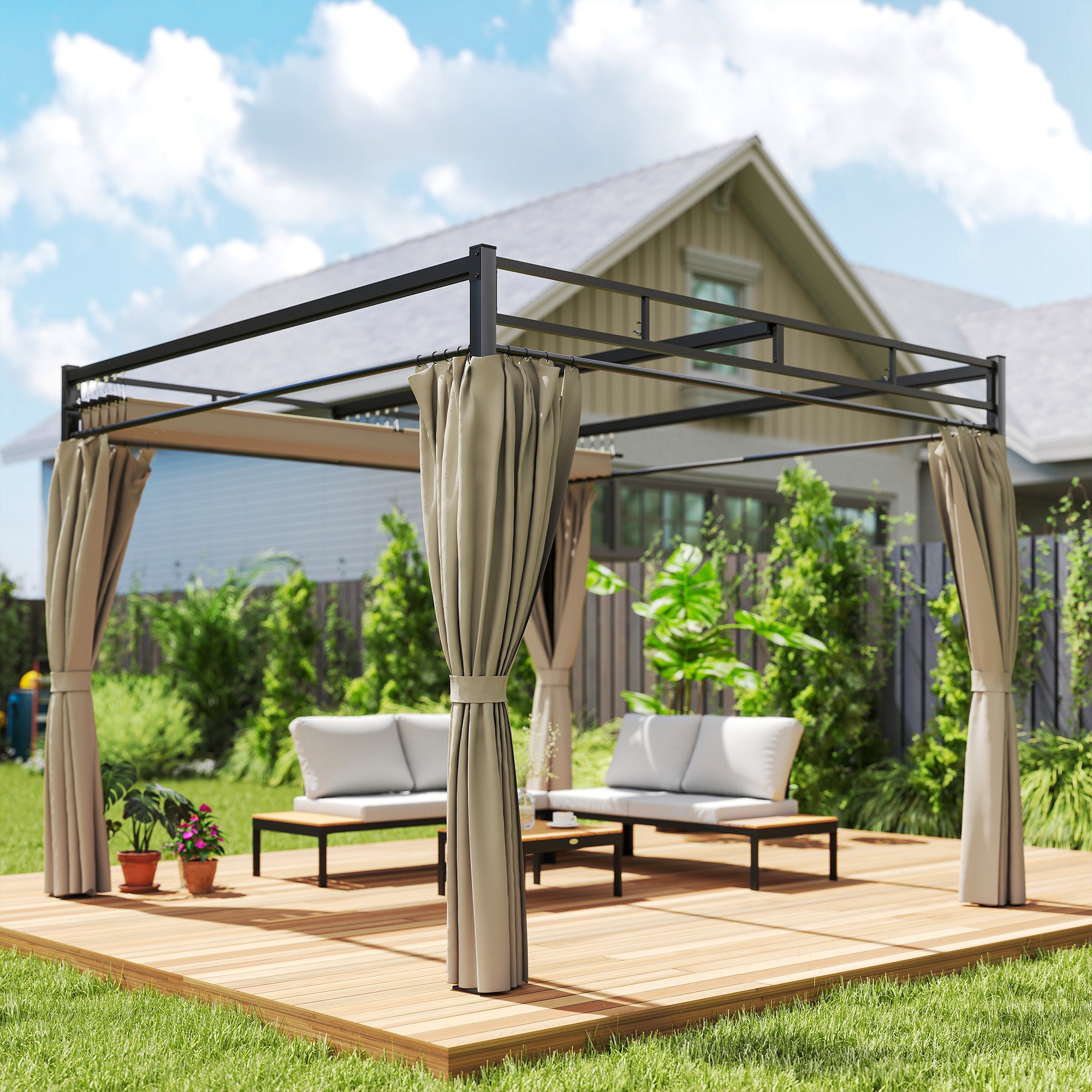 Outsunny 3 x 3 m Pergola with Retractable Roof Canopy and Curtains, UPF30+ Metal Frame Garden Pergola Gazebo Sun Shade, Khaki 