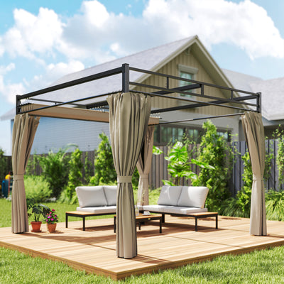 Outsunny 3 x 3 m Pergola with Retractable Roof Canopy and Curtains, UPF30+ Metal Frame Garden Pergola Gazebo Sun Shade, Khaki 