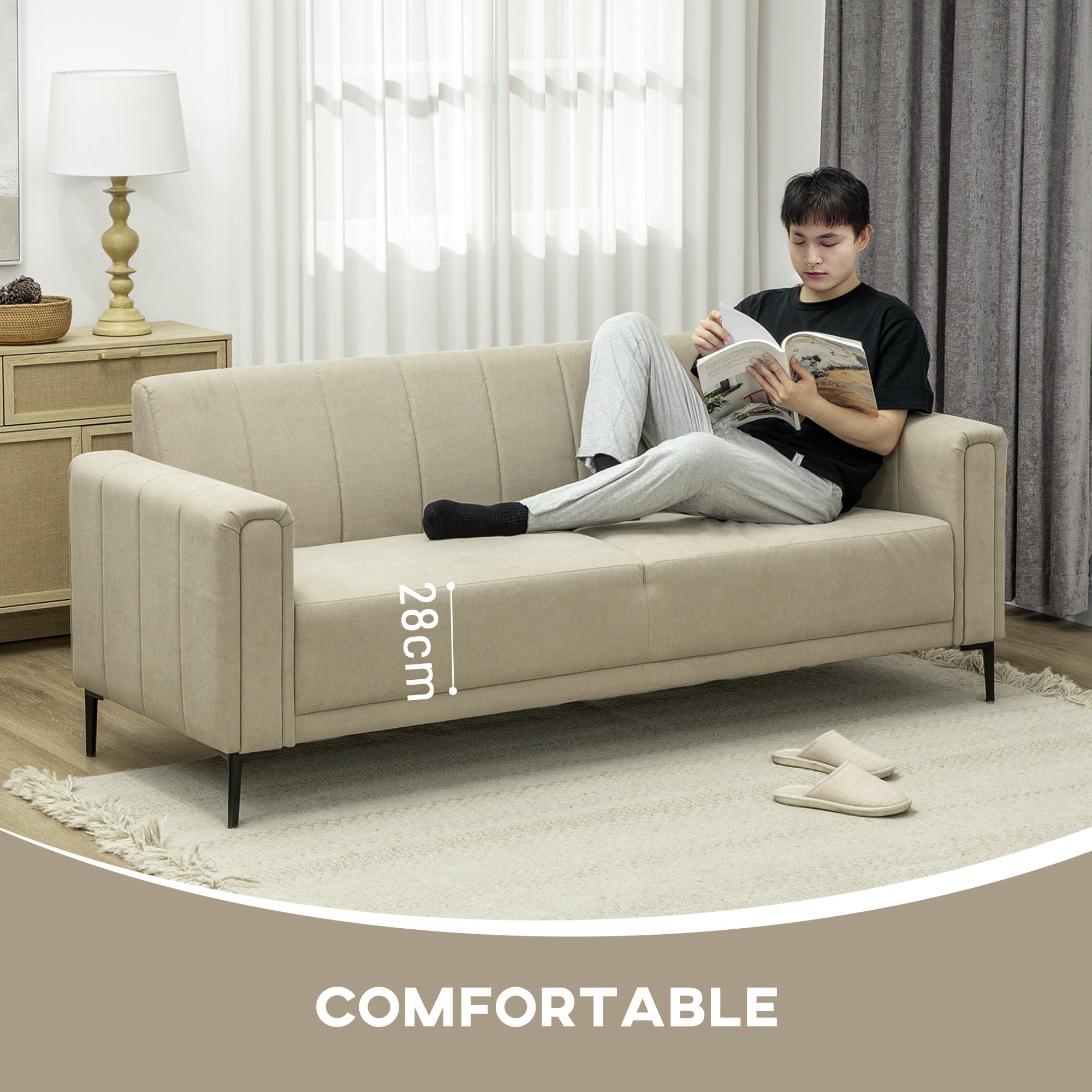 HOMCOM 3 Seater Sofa, Modern Fabric Sofa Couch, Channel Tufted Upholstered Sofa Settee for Living Room, Guest Room, Bedroom, Home Office, Khaki 